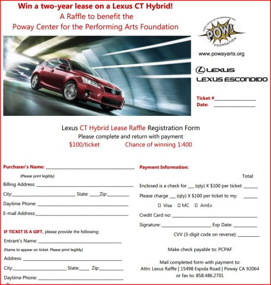 Poway Center 2013 raffle - 2013 Lexus 2 yr lease -.Flyer 