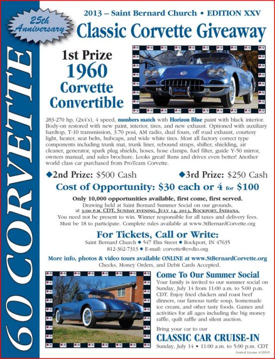 St. Bernard 2013 raffle - 1960 Corvette -Flyer 