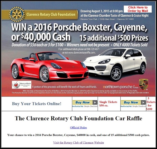 Rotary Club Foundation of Clarence 8-03-2015 raffle - 2016 Porsche Boxster, Cayenne or $40,000 Cash - Flyer