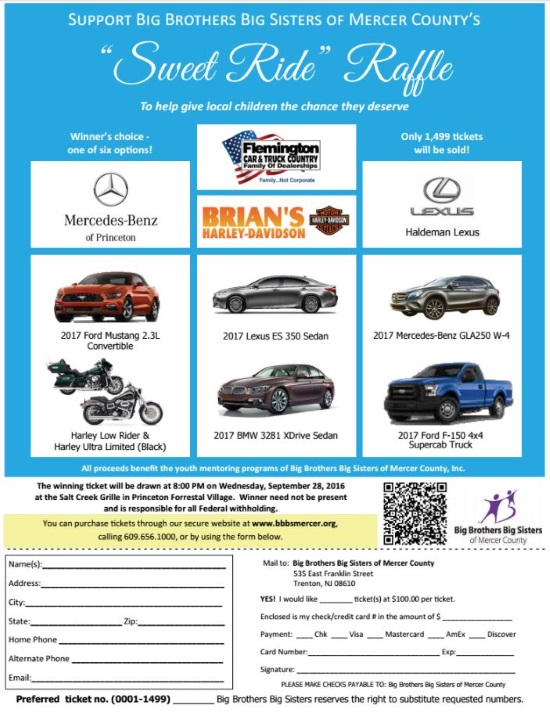 Big Brothers Big Sisters of Mercer County Sweet Ride 9-28-2016 raffle - Choose 1 of 6 Vehicles - Flyer