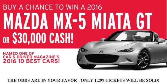 Center for Enriched Living 5-02-2016 raffle - 2016 Mazda MX-5 Miata GT or $30,000 Cash - poster.with odds