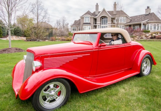 Life Remodeled 8-06-2016 raffle - 1935 Chevy two-door convertible Street Rod - left side -house