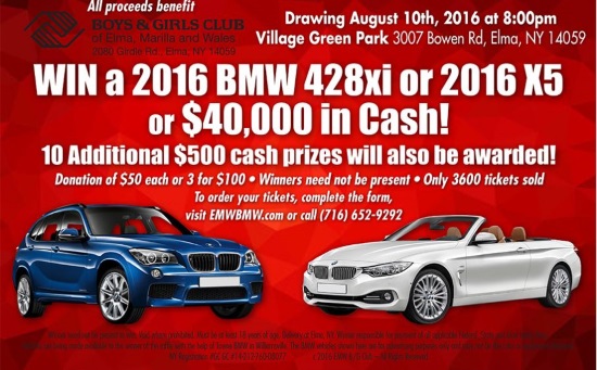 Boys & Girls Club of EMW, NY 8-10-2016 raffle - 2016 BMW X5, 2016 BMW 428XI or $40,000 Cash - Flyer