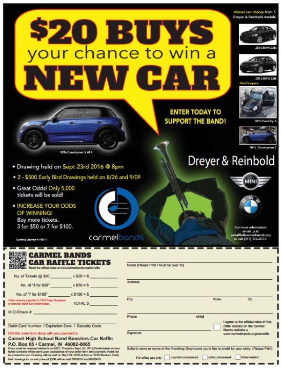 Carmel High School Band Boosters 9-23-2016 raffle - Choose a BMW or Mini Cooper - Order Form 