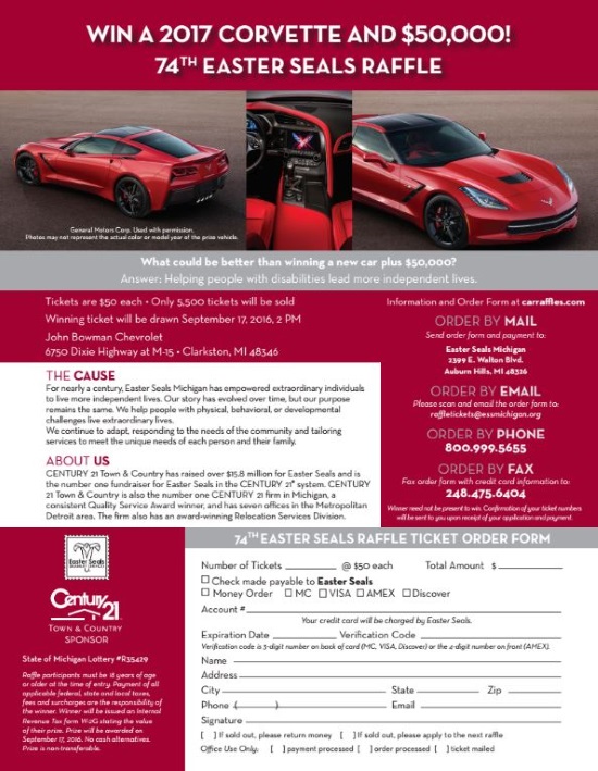 Easter Seals Michigan 9-17-2016 - 2017 CORVETTE and $50,000 - Flyer 