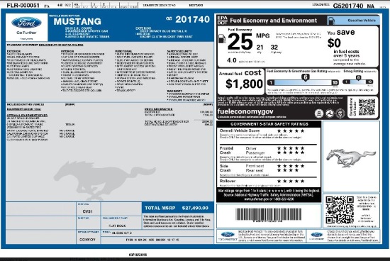 Holy Trinity Catholic School 9-17-2016 raffle- 2016 blue Ford Mustang Coupe - window sticker