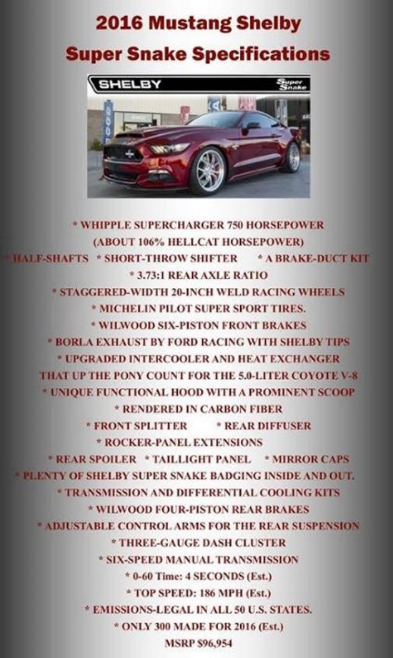 KofC #4245 Council 10-02-2016 raffle - 2016 Mustang Shelby Super Snake - specs 