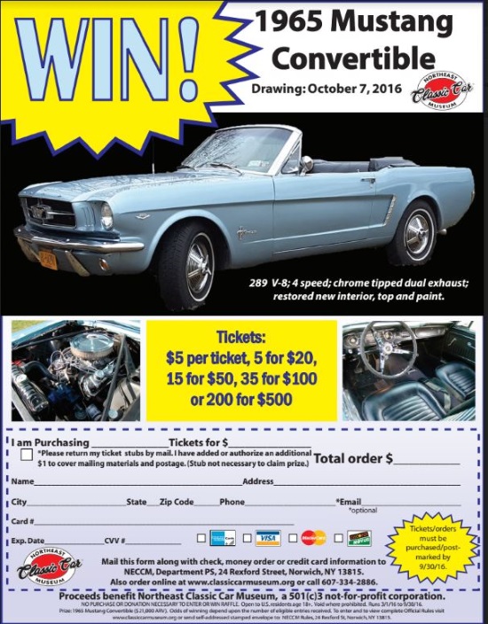 Northeast Classic Car Museum 10-07-2016 raffle - 1965 Mustang Convertible - Flyer yellow 