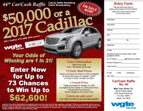 WGTE 10-14-2016 raffle - 2017 Cadillac XT5 AWD 4DR or $50,000 Cash - Flyer, Entry 