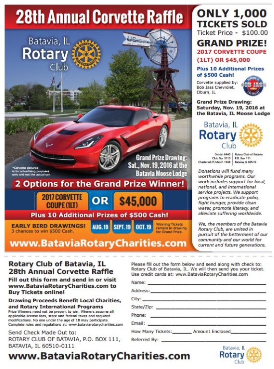 Rotary Club of Batavia, Illinois 11-19-2016 raffle - 2017 CORVETTE COUPE 1LT OR $45,000 Cash - Flyer 