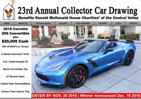 Ronald McDonald House Charities of the Central Valley 12-16-2016 raffle - 2016 Corvette Z06 Convertible -plus- $20,000 Cash - Flyer 