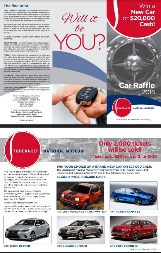 Studebaker National Museum 12-13-2016 raffle - Choose One of Five Cars, or $20,000 Cash - Flyer 