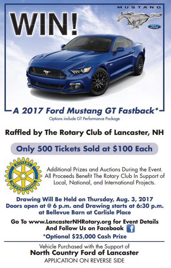 Rotary Club of Lancaster 8-03-2017 raffle - 2017 Ford Mustang GT Fastback or $25,000 Cash - Flyer 