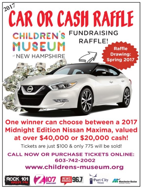 Children's Museum of New Hampshire 2017 Spring raffle - 2017 Midnight Edition Nissan Maxima or $20,000 cash - Flyer 