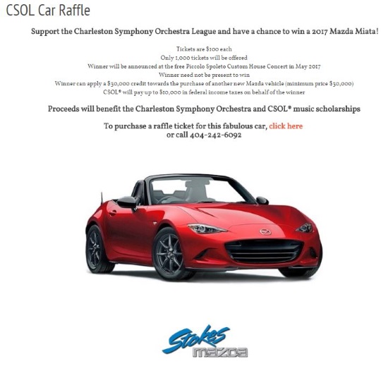 Charleston Symphony Orchestra League 5-26-2017 raffle - 2017 Mazda Miata Grand Touring plus $10,000 for Taxes - Flyer 