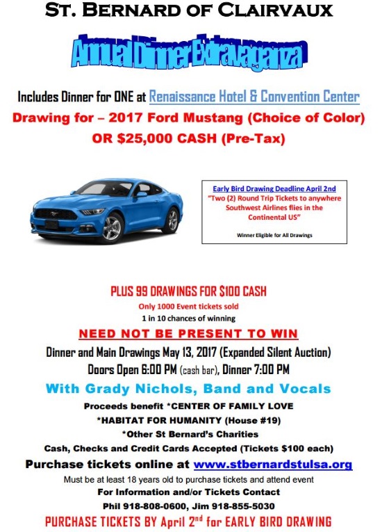 t. Bernard of Clairvaux Parish 5-13-2017 raffle - 2017 Ford Mustang - Flyer 