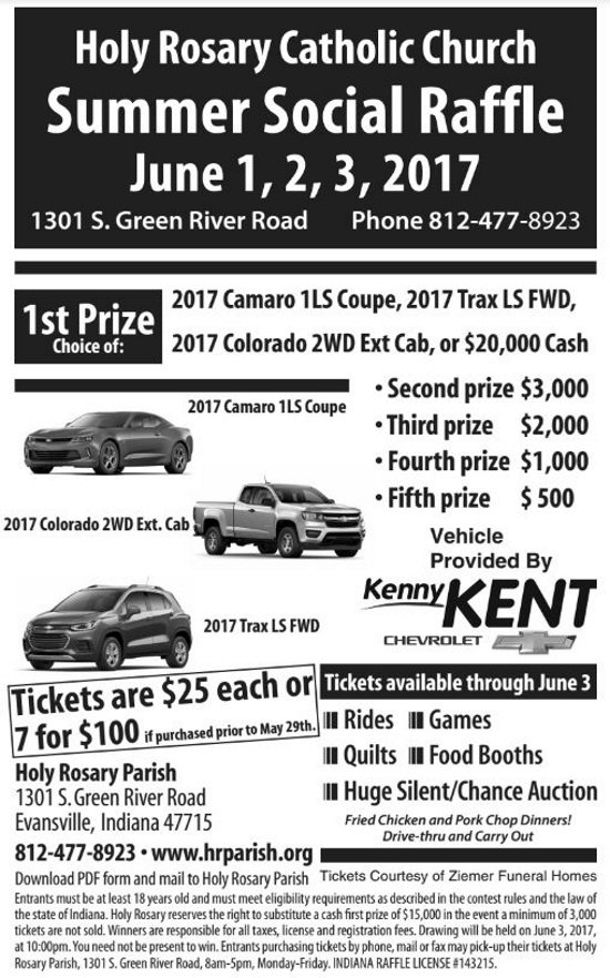 Holy Rosary Catholic Church 6-03-2017 raffle - Choose a 2017 Chevt Camaro, Trax, Colorado or $20,000 Cash - Flyer 