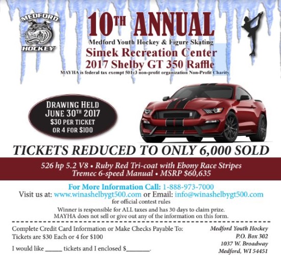 Medford Wisconsin Youth Hockey 6-30-2017 raffle - 2017 Ford Mustang Shelby GT 350 Coupe - Flyer 