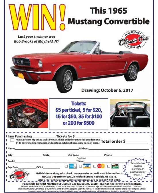 Northeast Classic Car Museum 10-06-2017 raffle - 1965 Ford Mustang Convertible - Flyer 