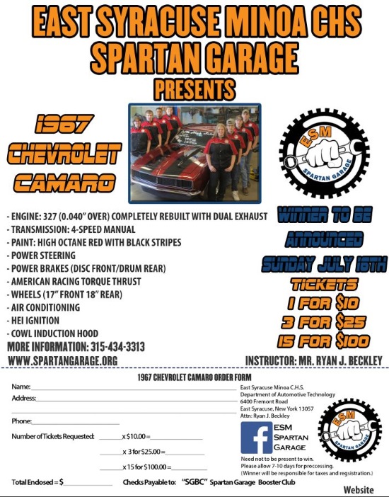 East Syracuse- Minoa C. H. S. Spartan Garage 7-16-2017 raffle - 1967 Camaro Rally Sport - Flyer 