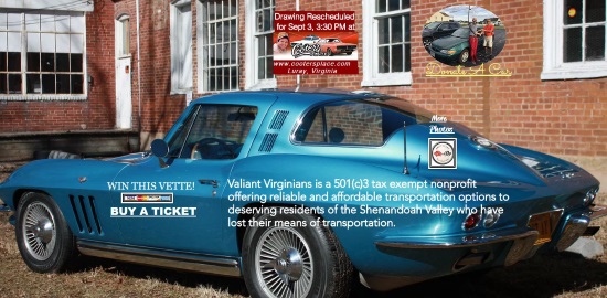 Valiant Virginians 7-30-2017 raffle - 1965 Corvette Sting Ray Coupe - new poster with 9-3 draw date