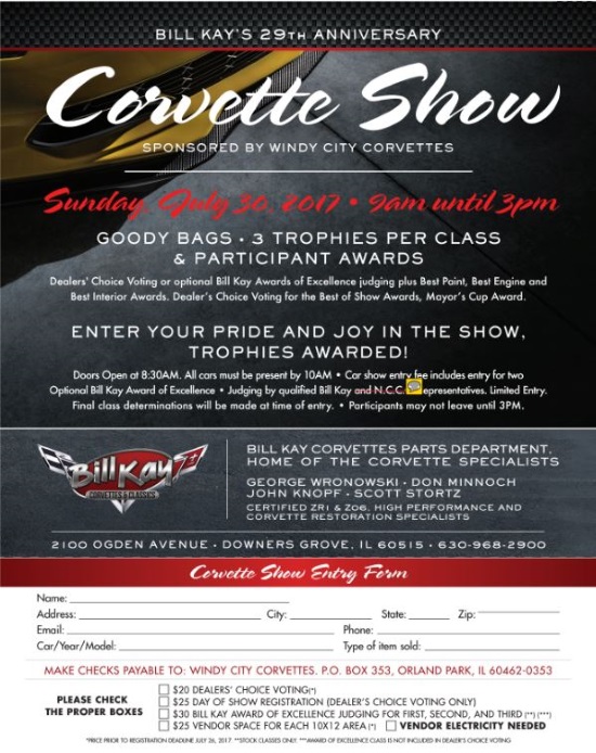 Windy City Corvettes 7-30-2017 raffle - 2017 Chevy Corvette or $45,000 Cash - car show entry form 