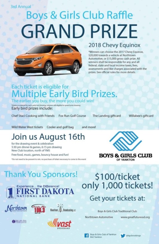 Boys & Girls Club of Brookings, Moody County & Yankton 8-16-2017 Raffle - 2018 Chevy Equinox or $15,000 Cash - Flyer 