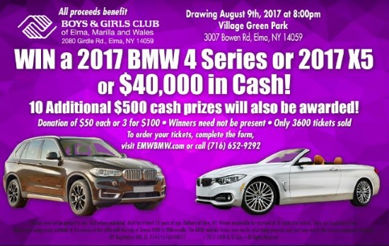 Boys and Girls Club of Elma, Marilla and Wales 8-09-2017 raffle - 2017 BMW 4 Series, X5 or $40,000 Cash -Flyer 