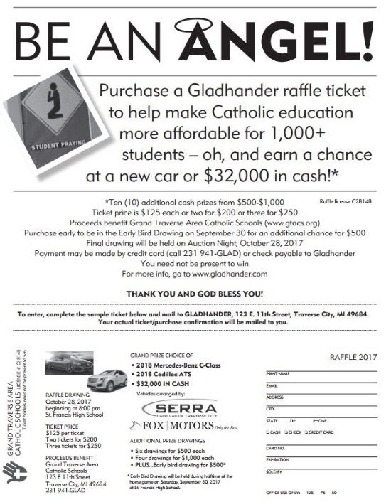 Grand Traverse Area Catholic Schools 10-28-2017 raffle - 2018 Mercedes Benz C-Class, Cadillac ATS or $32,000 Cash - Flyer 