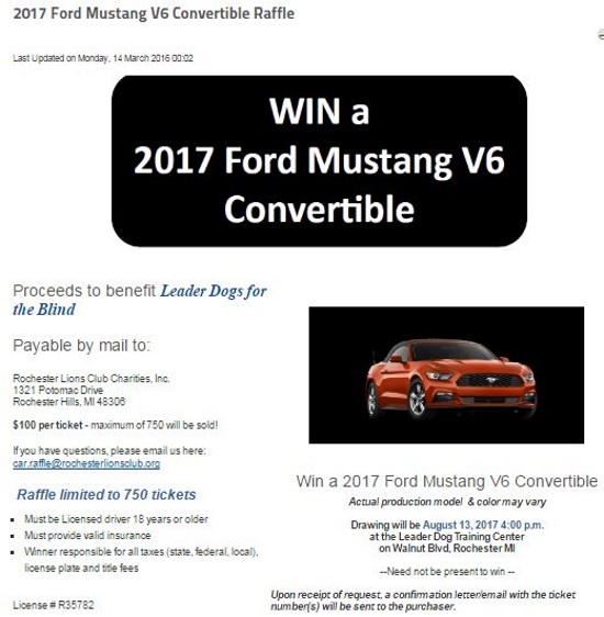 Rochester Lions Club Charities 8-13-2017 raffle - 2017 Ford Mustang V-6 Convertible - Flyer 