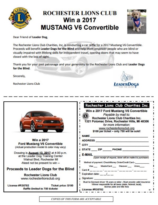 Rochester Lions Club Charities 8-13-2017 raffle - 2017 Ford Mustang V-6 Convertible - small order form