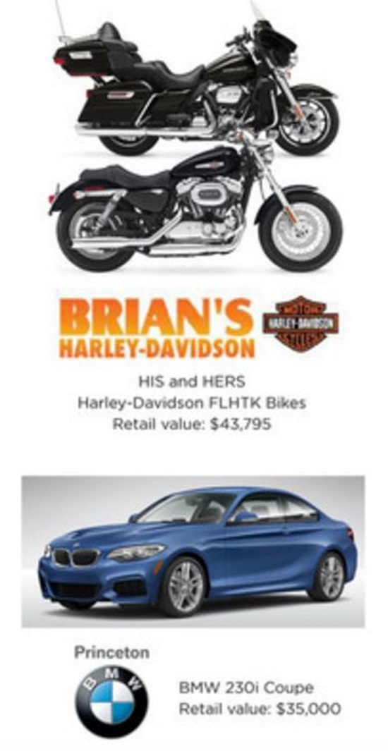 Big Brothers Big Sisters of Mercer County 9-28-2017raffle - Choose 1 of 5 cars or pair of Harley's - Harley BMW