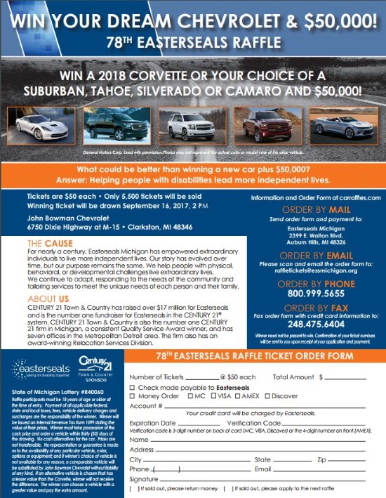 Easter Seals Michigan 9-16-2017 raffle - Choose a 2018 Corvette, Suburban, Tahoe, Silverado, Camaro and $50,000 Cash - Flyer 