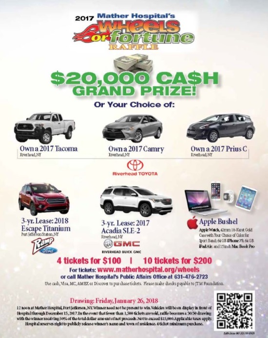 Mather Memorial Hospital 1-26-2018 raffle - Choose a 2017 Toyota or Lease a Ford or GMC or $20,000 Cash - Flyer 