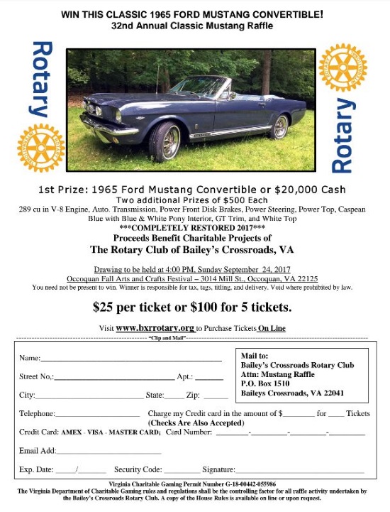 Rotary Club of Bailey's Crossroads 9-24-2017 raffle - 1965 Ford Mustang Convertible or $20,000 Cash - Flyer #2 