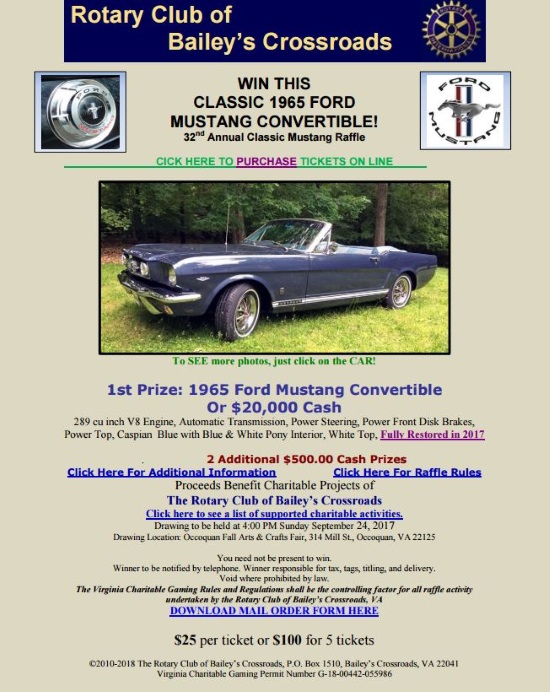 Rotary Club of Bailey's Crossroads 9-24-2017 raffle - 1965 Ford Mustang Convertible or $20,000 Cash - Flyer #3 