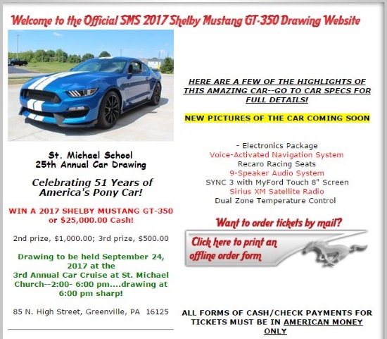 St. Michael School 9-24-2017 raffle - 2017 SHELBY MUSTANG GT-350 or $25,000.00 Cash - Flyer 