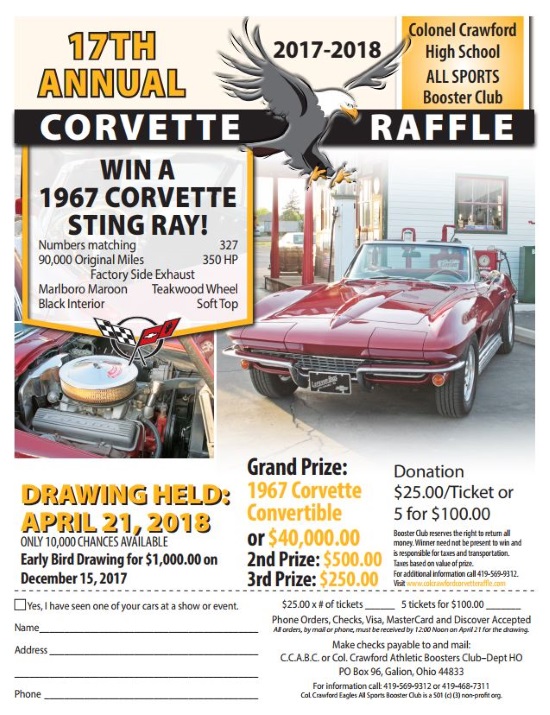 Col. Crawford Athletic Booster Club 4-21-2018 raffle - 1967 Corvette Convertible or $40,000 - Flyer.