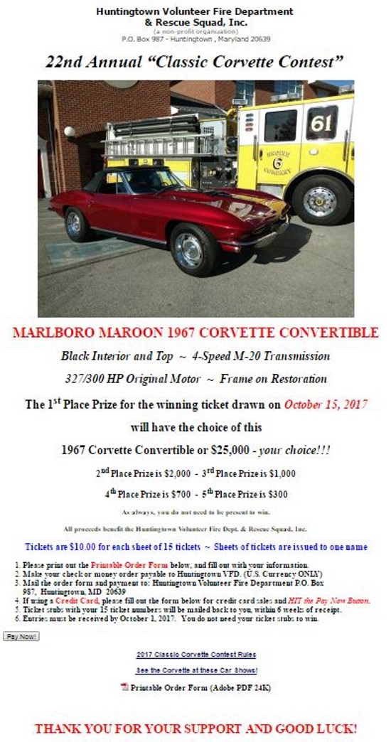 Huntingtown Volunteer Fire Department 10-15-2017 raffle - 1967 CORVETTE CONVERTIBLE or $25,000 Cash - Flyer 