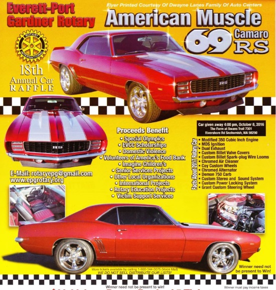 Rotary Club of Everett-Port Gardner 10-08-2017 raffle - 1969 Chevy Camaro RS - Flyer 