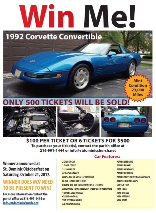 St. Dominic Church, OH 10-21-2017 raffle - 1992 Chevy Corvette Convertible - Flyer - 