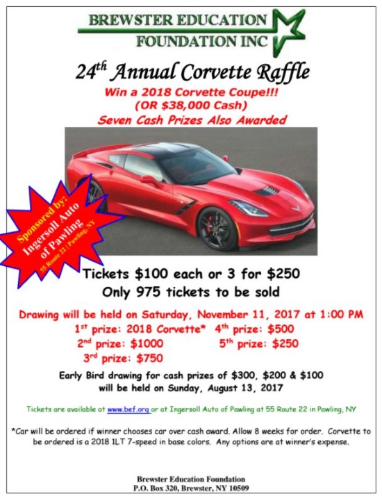 Brewster Education Foundation 11-11-2017 raffle - 2018 Chevy Corvette Coupe or $38,000 Cash - Flyer 