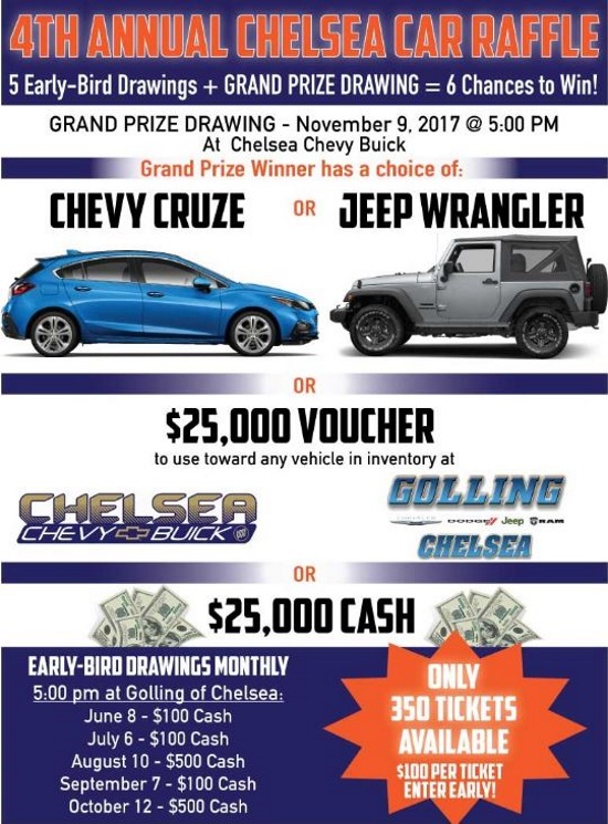 Chelsea Area Chamber of Commerce 11-09-2017 raffle - Chevy Cruze, Jeep Wrangler, $25,000 Voucher - or - $25,000 Cash - Flyer 