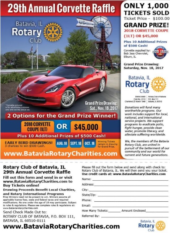 Rotary Club of Batavia, Illinois 11-18-2017 raffle - 2018 Corvette Coupe (1LT) or $45,000 Cash - order form 