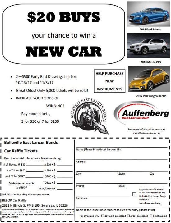 Belleville East Marching Lancers Band 12-05-2017 raffle - Choose a 2018 Ford Taurus, Mazda CX5 or 2017 VW Beetle - Flyer 