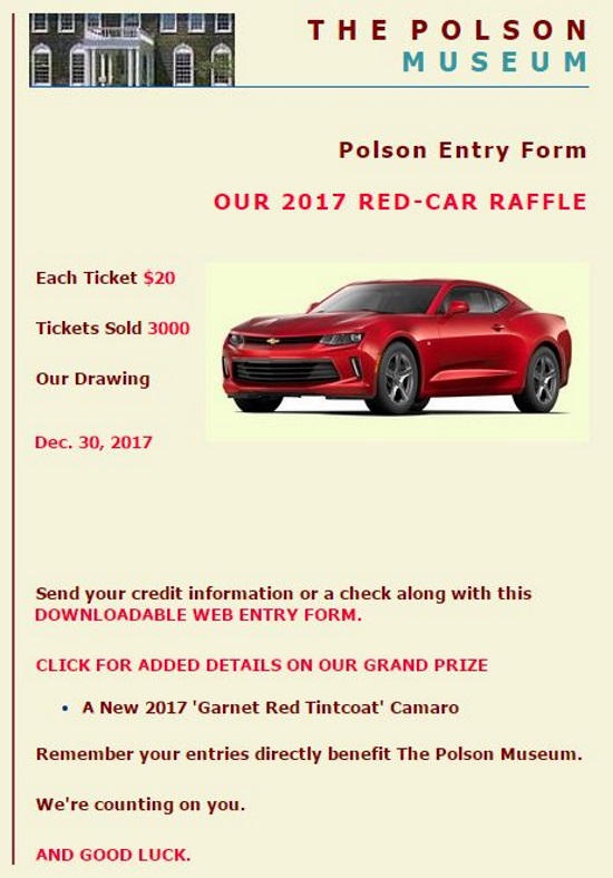 Polson Museum 12-30-2017 raffle - 2017 'Garnet Red Tintcoat' Camaro - Flyer 