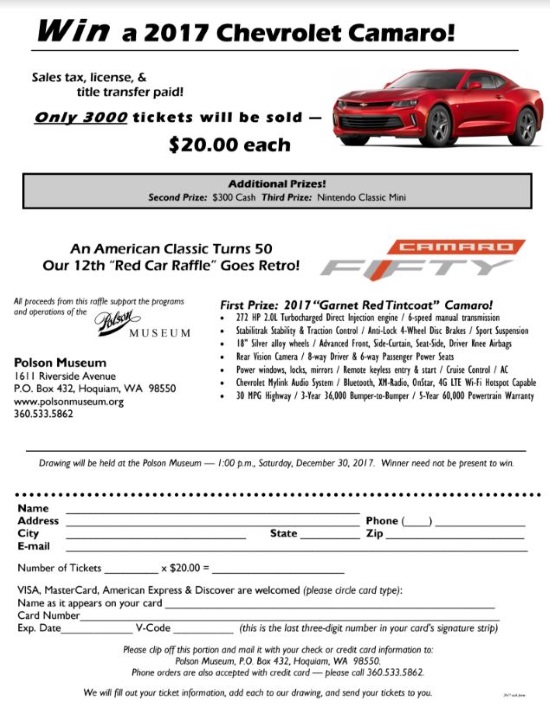 Polson Museum 12-30-2017 raffle - 2017 'Garnet Red Tintcoat' Camaro - order form 