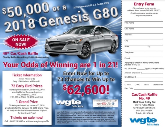 WGTE 1-19-2018 raffle - 2018 Genesis G80 3.8 Sedan AWD or $50,000 Cash - Flyer 