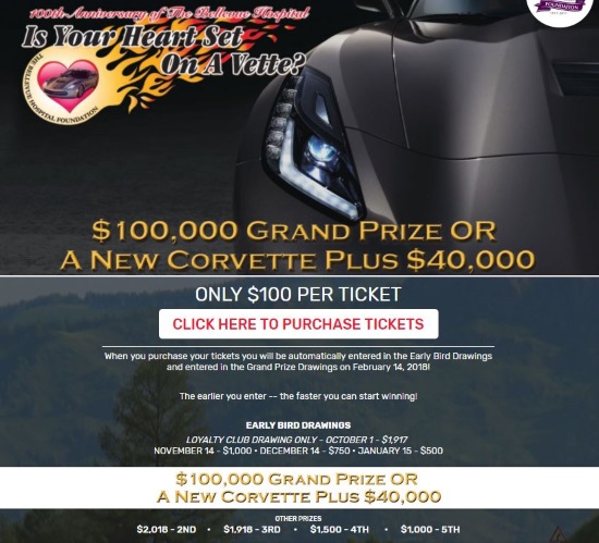 Bellevue Hospital 2-14-2018 raffle - Chevy Stingray Corvette 1LT Coupe AND $40,000 OR $100,000 Cash - Flyer.#2 