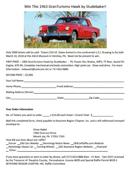 Studebaker Drivers Club Keystone Region 3-10-2018 raffle - 1963 Studebaker GranTurismo Hawk - order form 